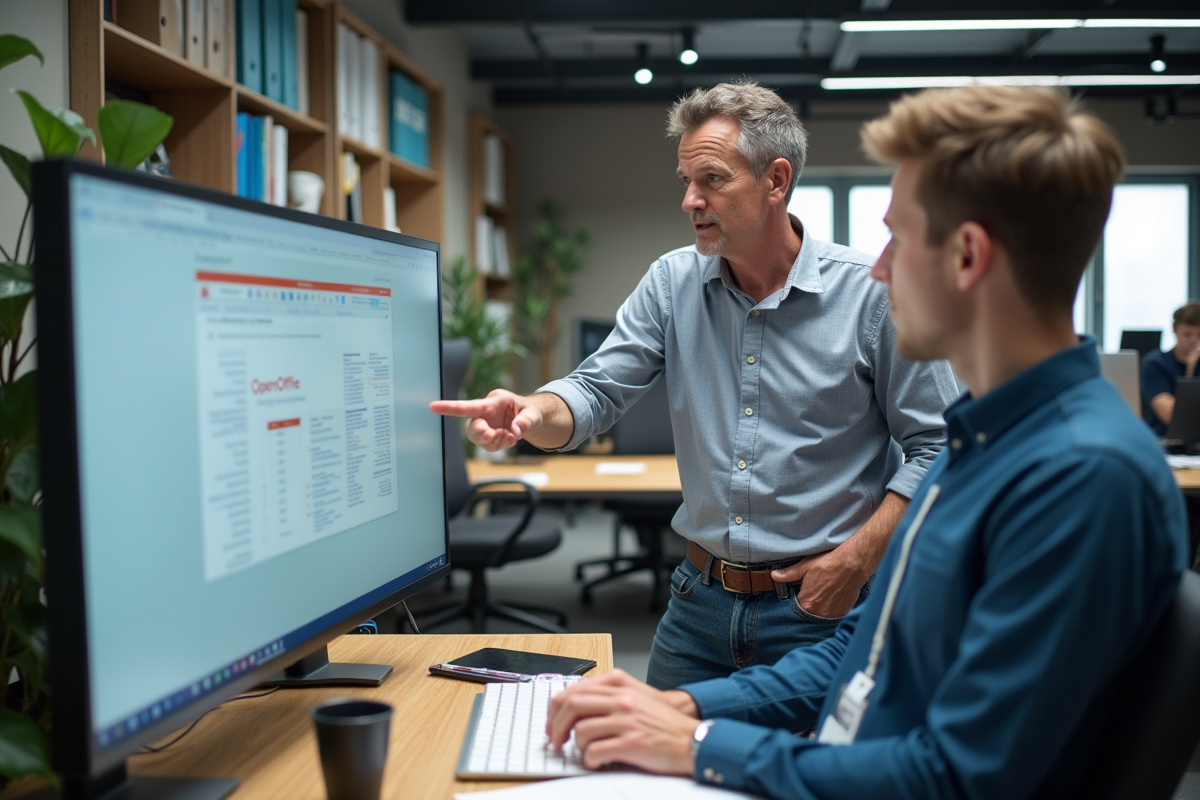 Homme expliquant la gestion des extensions OpenOffice à un collègue dans un bureau moderne