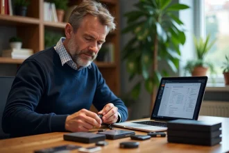 Homme organisé avec disques durs et clés USB sur bureau