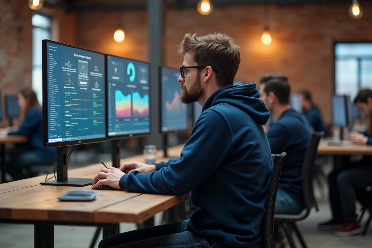 Jeune homme utilisant un outil d'intelligence artificielle sur un grand écran dans un espace de coworking moderne