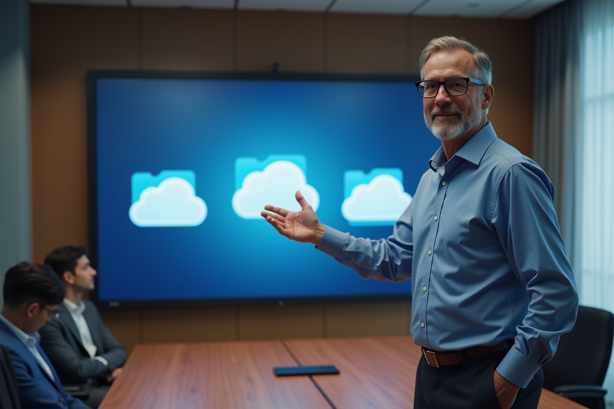 Homme en réunion expliquant des données sur un écran