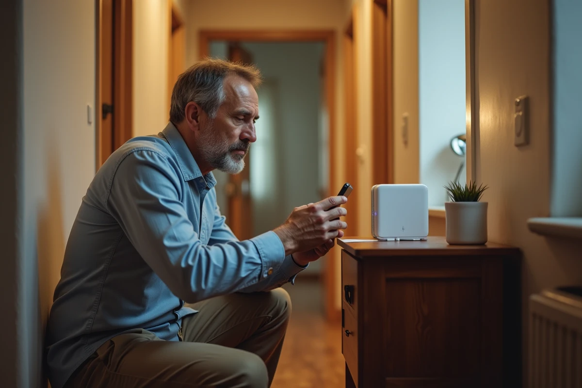 Homme réinitialise un modem dans un couloir cosy