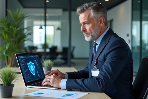 Homme d'âge moyen en costume bleu analysant des données de sécurité
