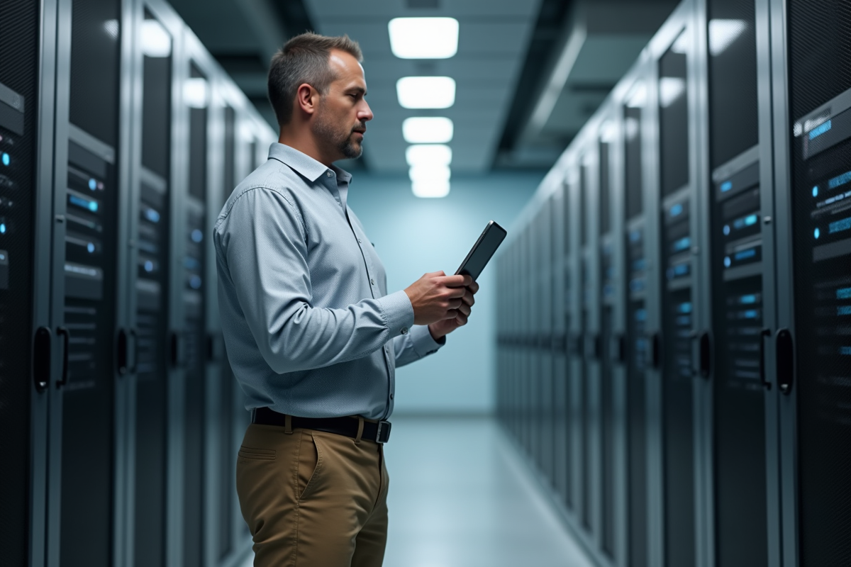 Homme d age dans une salle serveurs moderne et propre