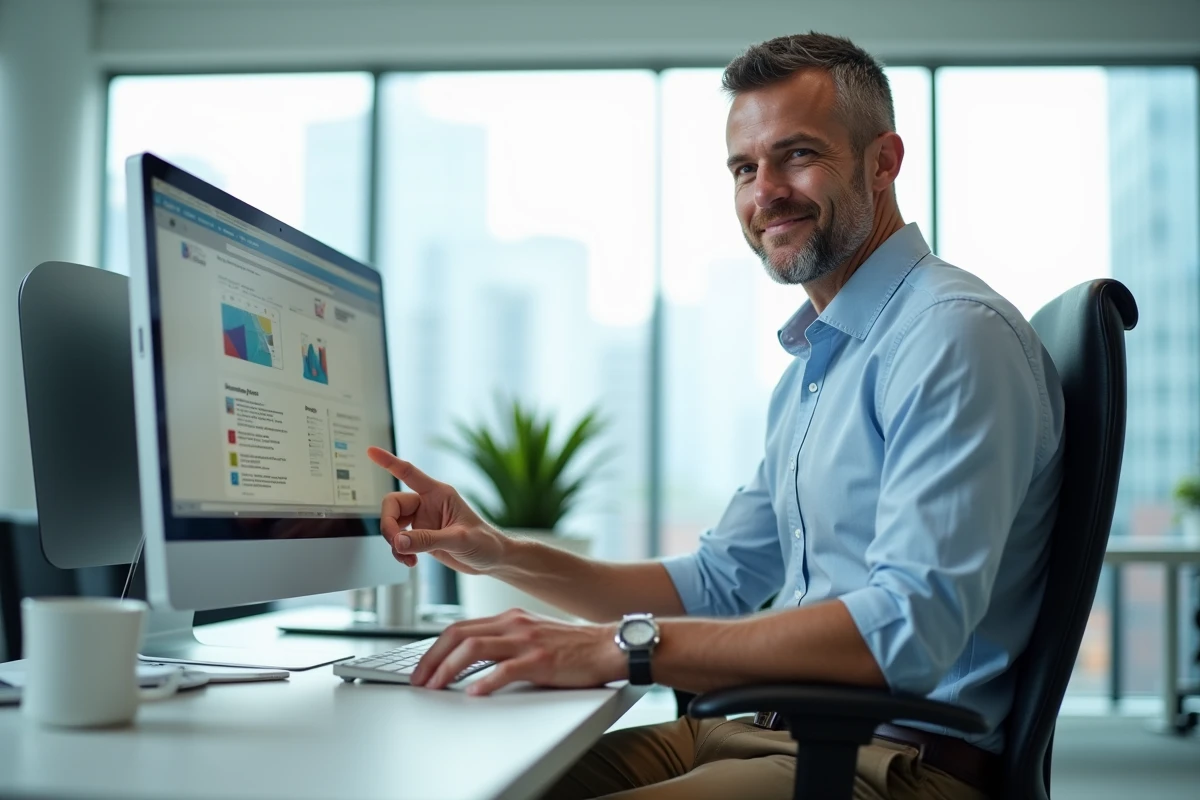 Homme souriant clique sur un raccourci sur son bureau