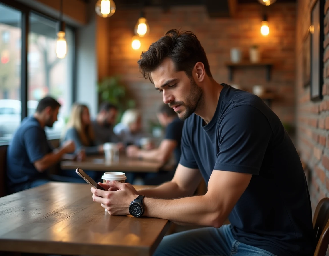 Homme regardant furtivement des stories Snapchat sur son téléphone dans un café urbain