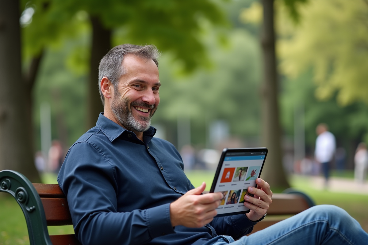 Homme souriant utilisant une tablette dans un parc en plein air