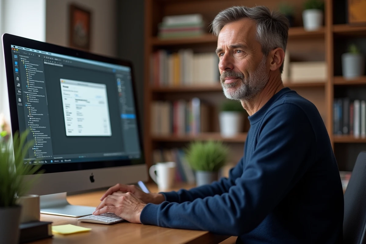 Homme en télétravail convertissant un document Pages en PDF sur un iMac dans un bureau à domicile
