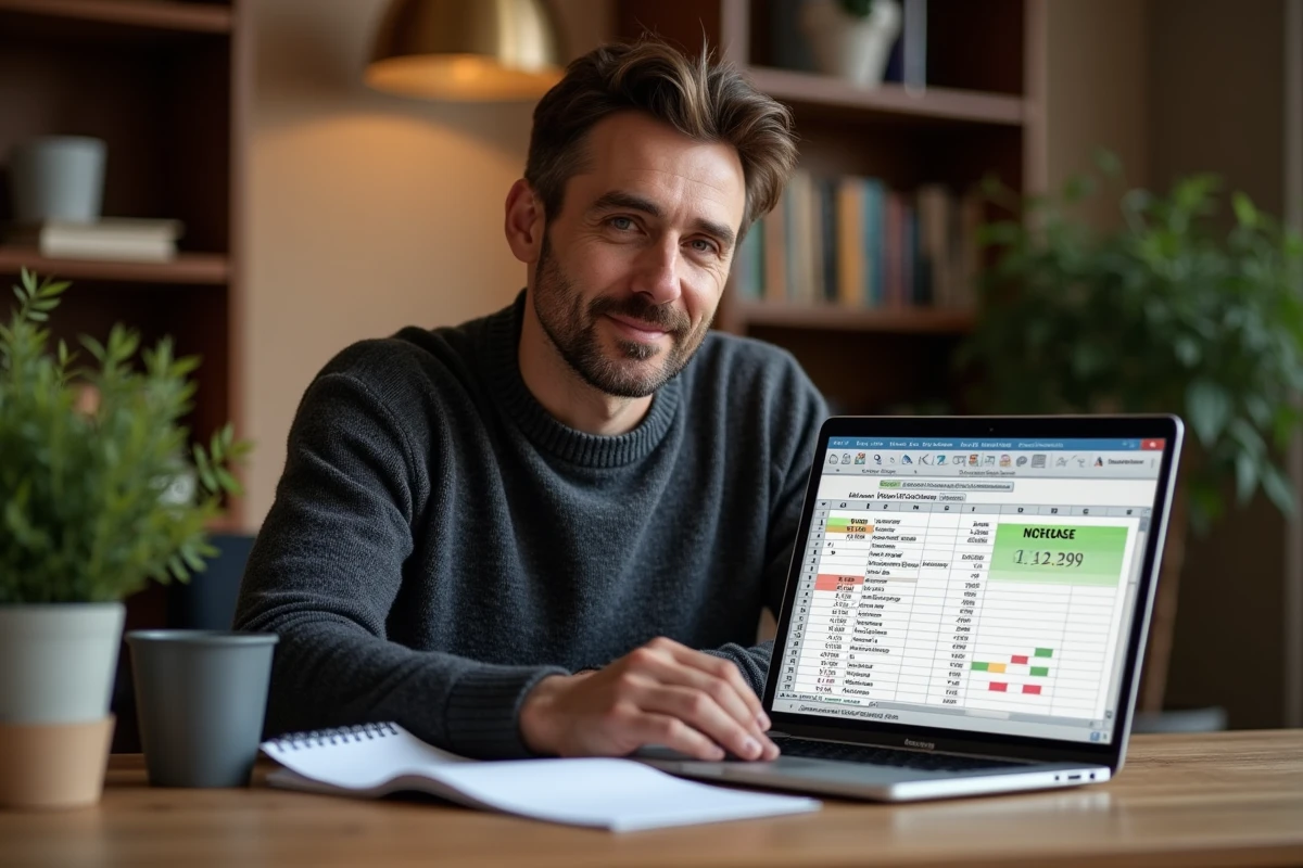 Homme travaillant depuis chez lui sur Excel pour calculer des augmentations en pourcentage avec des notes manuscrites