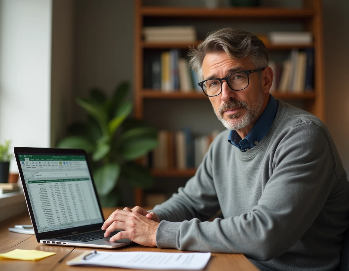 Homme en télétravail utilisant Excel pour nettoyer des données et supprimer des entrées en double sur son ordinateur portable