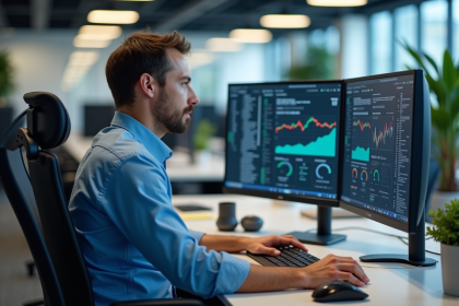Homme en chemise bleue analyse des données au bureau