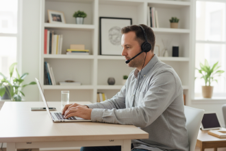 Homme en support informatique à domicile en pleine concentration