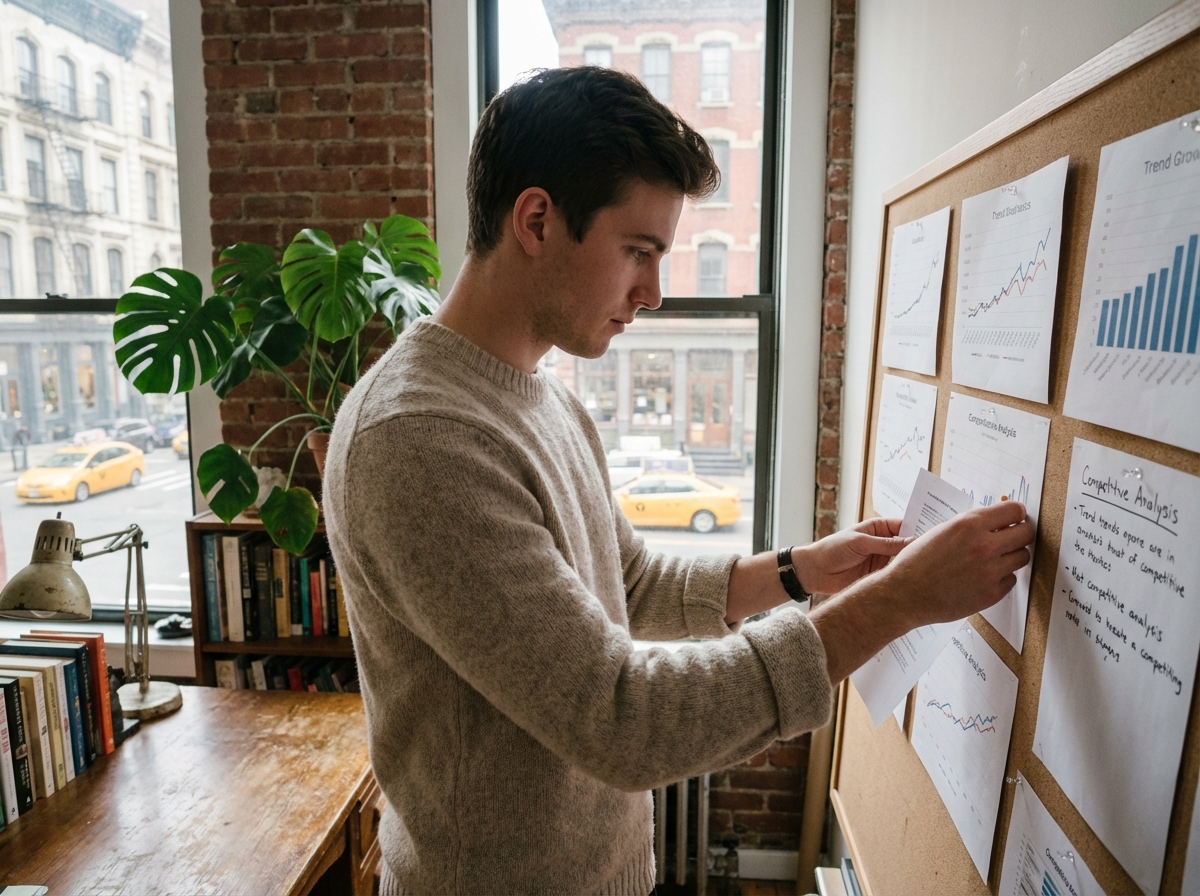 Jeune homme pinçant graphiques dans un espace cosy