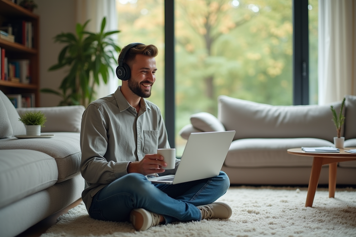 Homme souriant lors d’un appel vidéo à la maison