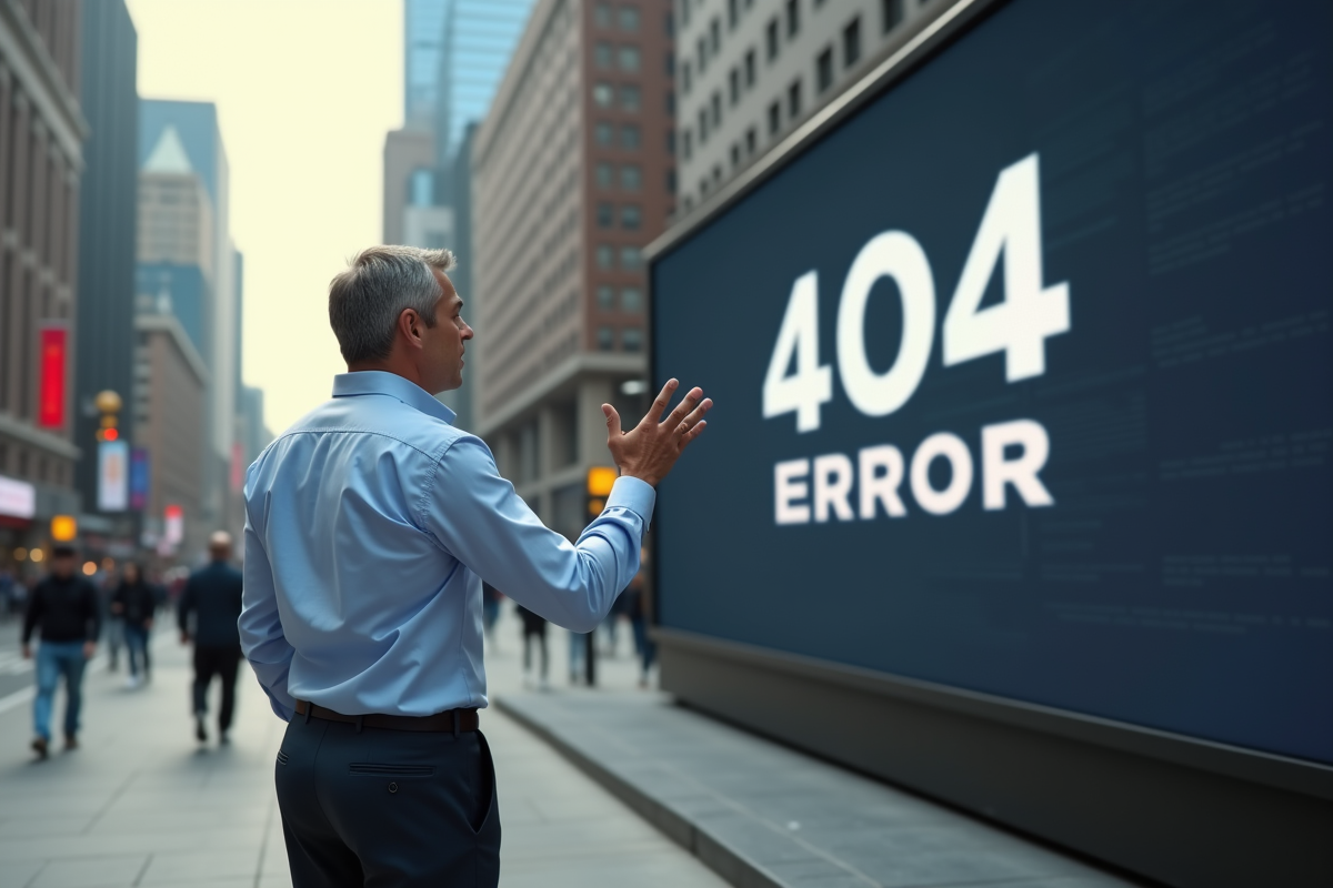Homme en ville face à un panneau 404 erreur
