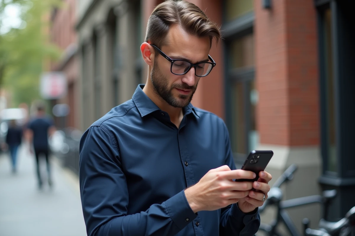 Homme dans la ville utilisant son smartphone pour Instagram