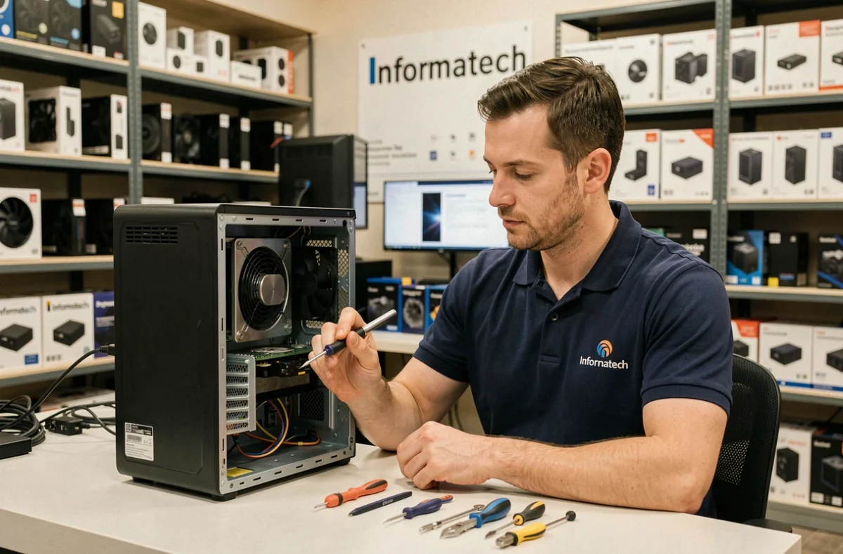 Technicien d'Informatech inspectant un PC de bureau dans un atelier de dépannage informatique