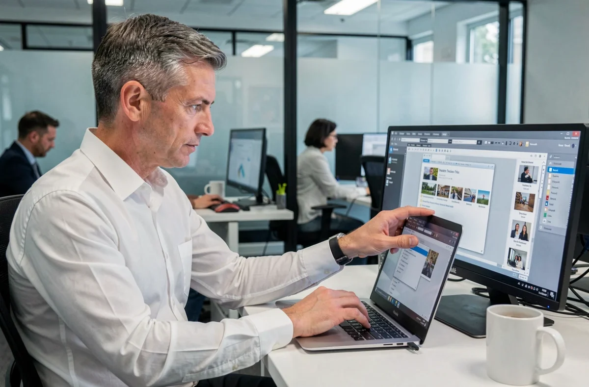 Homme insérant une image dans un fichier PDF sur Windows dans un bureau en open space