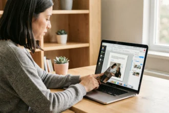 Femme insérant une photo dans un PDF sur un MacBook Pro dans un bureau à domicile