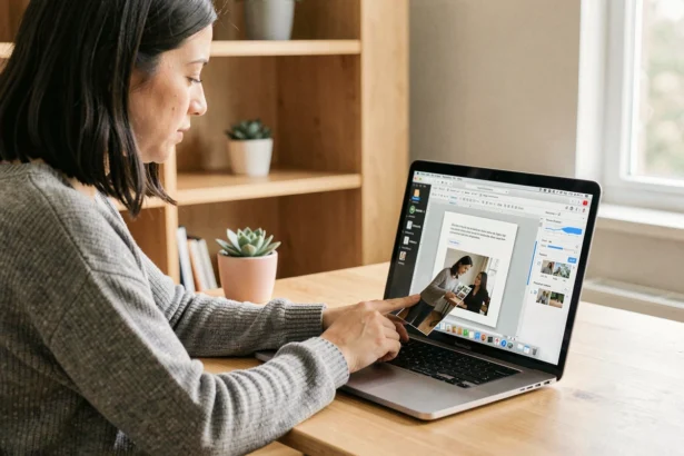 Femme insérant une photo dans un PDF sur un MacBook Pro dans un bureau à domicile