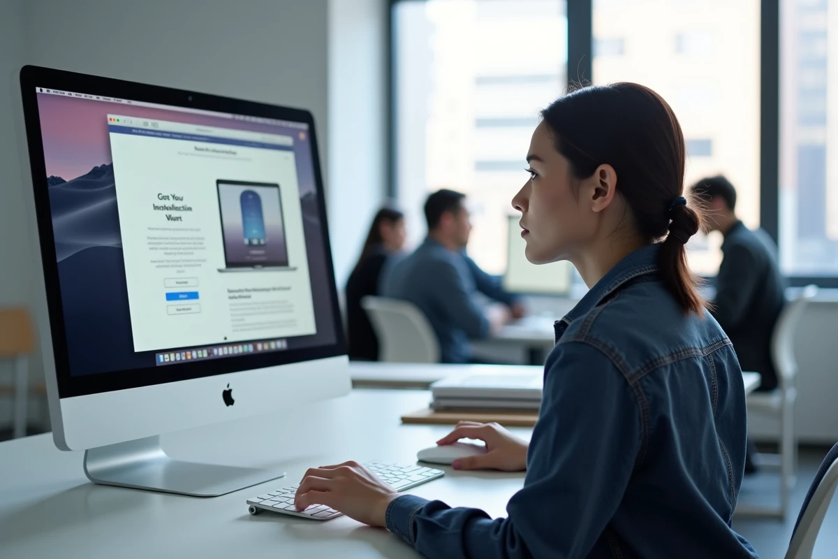 Femme installant macOS Sierra 10.12 sur un iMac dans un bureau moderne en open space