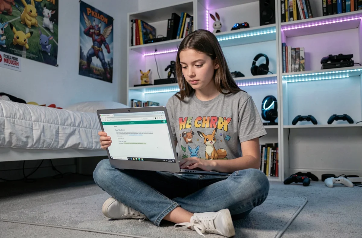 Adolescente installant un modpack Pixelmon gratuit sur son ordinateur portable dans une chambre de gamer décorée de posters Pokémon