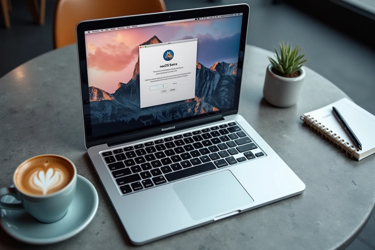 MacBook Air avec l'installeur officiel macOS Sierra 10.12 ouvert sur une table de café