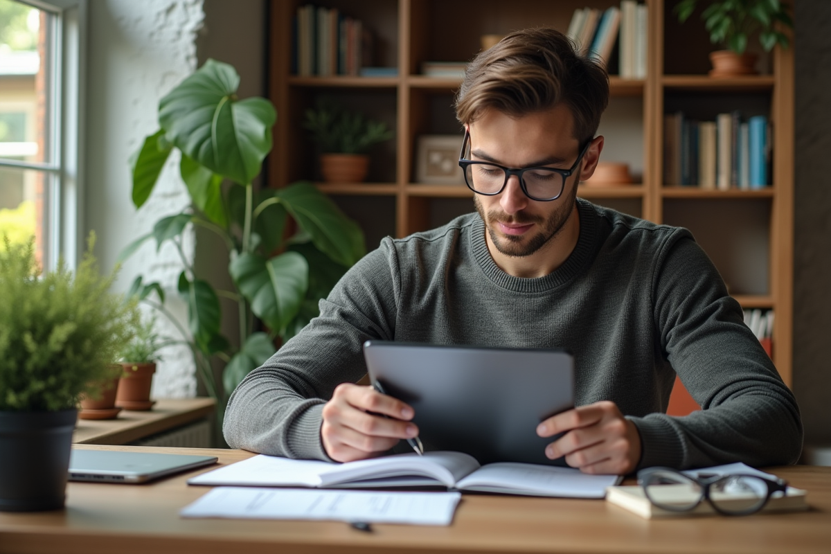 Jeune entrepreneur étudiant un graphique sur tablette
