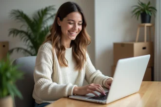 Jeune femme travaillant sur son ordinateur dans un appartement cosy