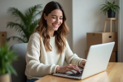 Jeune femme travaillant sur son ordinateur dans un appartement cosy