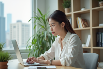 Jeune femme au bureau regardant son ordinateur portable
