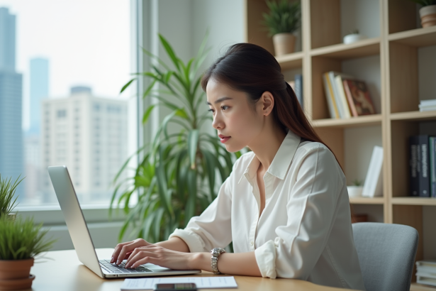 Jeune femme au bureau regardant son ordinateur portable