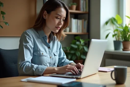 Jeune femme au bureau travaillant sur son ordinateur portable