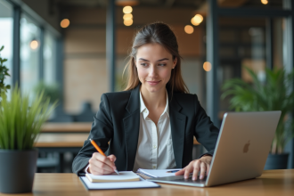 Jeune femme en bureau moderne travaillant sur son ordinateur