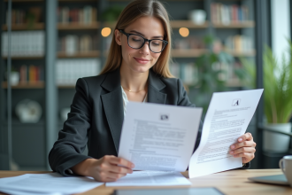 Jeune femme en bureau étudiant deux rapports