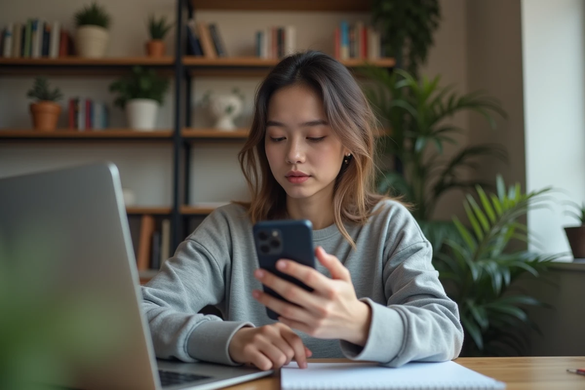 Jeune femme concentrée sur son smartphone dans un bureau cosy
