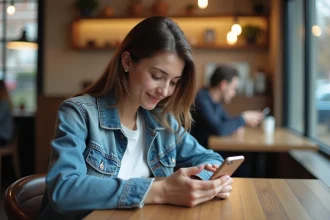 Jeune femme souriante utilisant un smartphone dans un café
