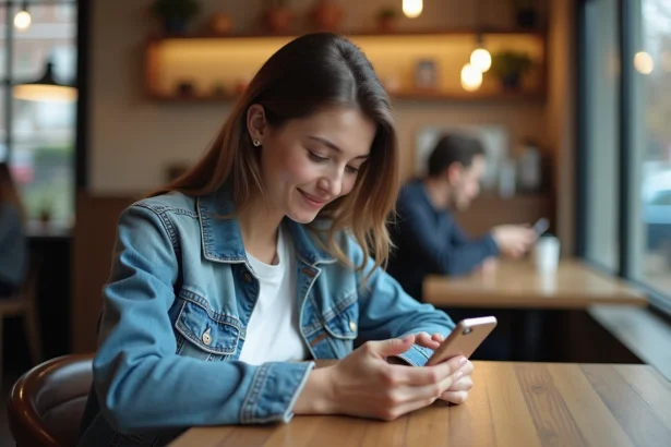 Jeune femme souriante utilisant un smartphone dans un café