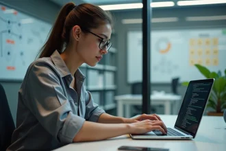 Jeune femme en blouse regardant du code sur son ordinateur
