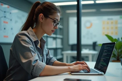Jeune femme en blouse regardant du code sur son ordinateur
