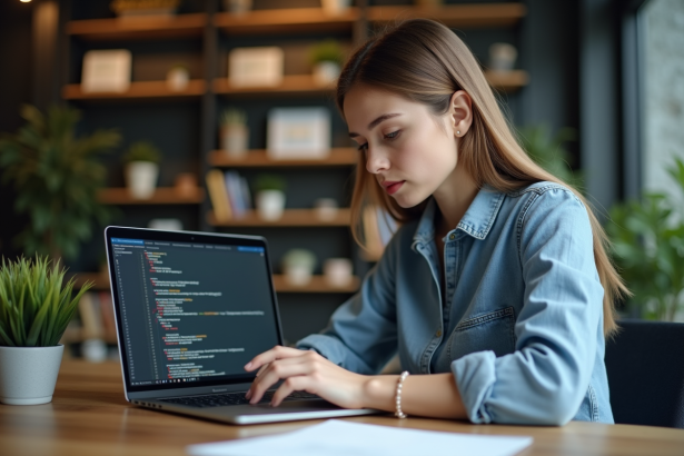 Jeune femme en tenue casual code HTML sur un laptop moderne