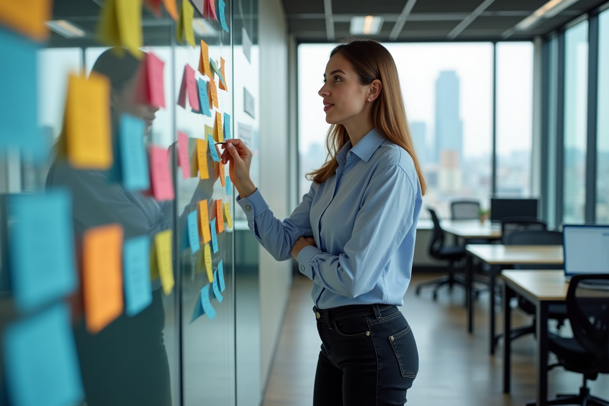 Jeune femme en tenue décontractée discutant dans un bureau moderne