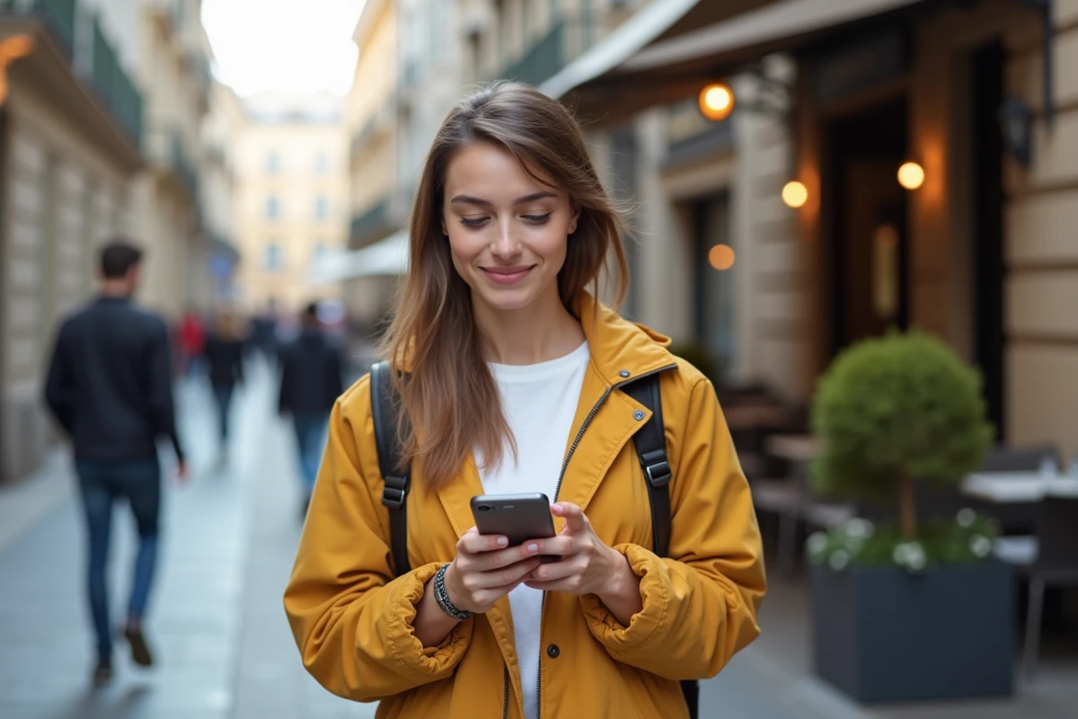 Jeune femme comparant l'application mobile et l'espace client Réglo Mobile dans la rue