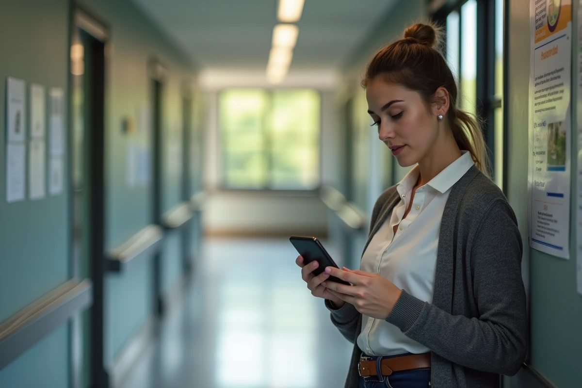 Jeune femme utilisant son smartphone dans un couloir universitaire