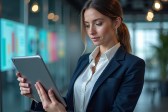 Jeune femme ingénieur examinant des données AI sur une tablette