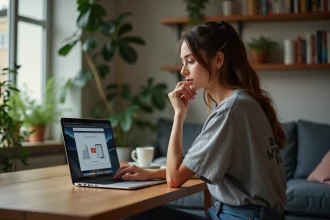 Jeune femme en jeans et t-shirt graphique travaillant sur son ordinateur à la maison