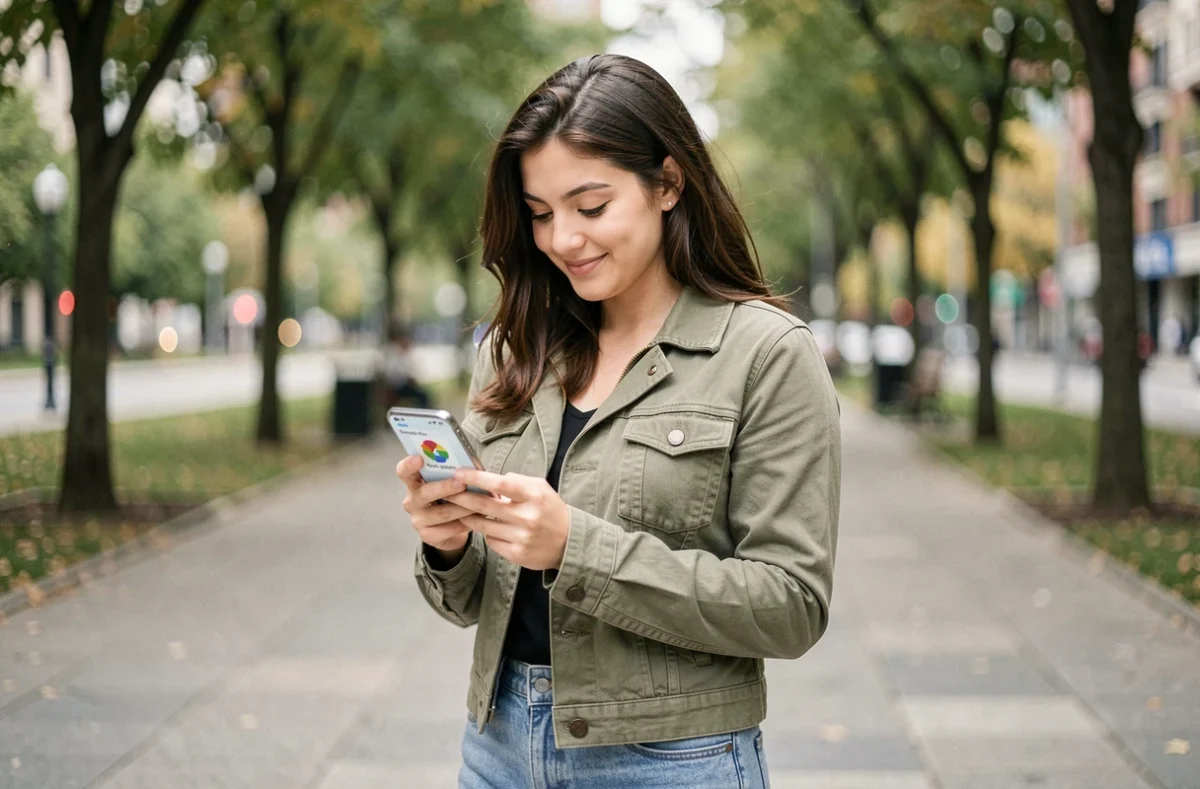Jeune femme recevant une notification de sauvegarde automatique Google Photos sur son téléphone dans un parc urbain