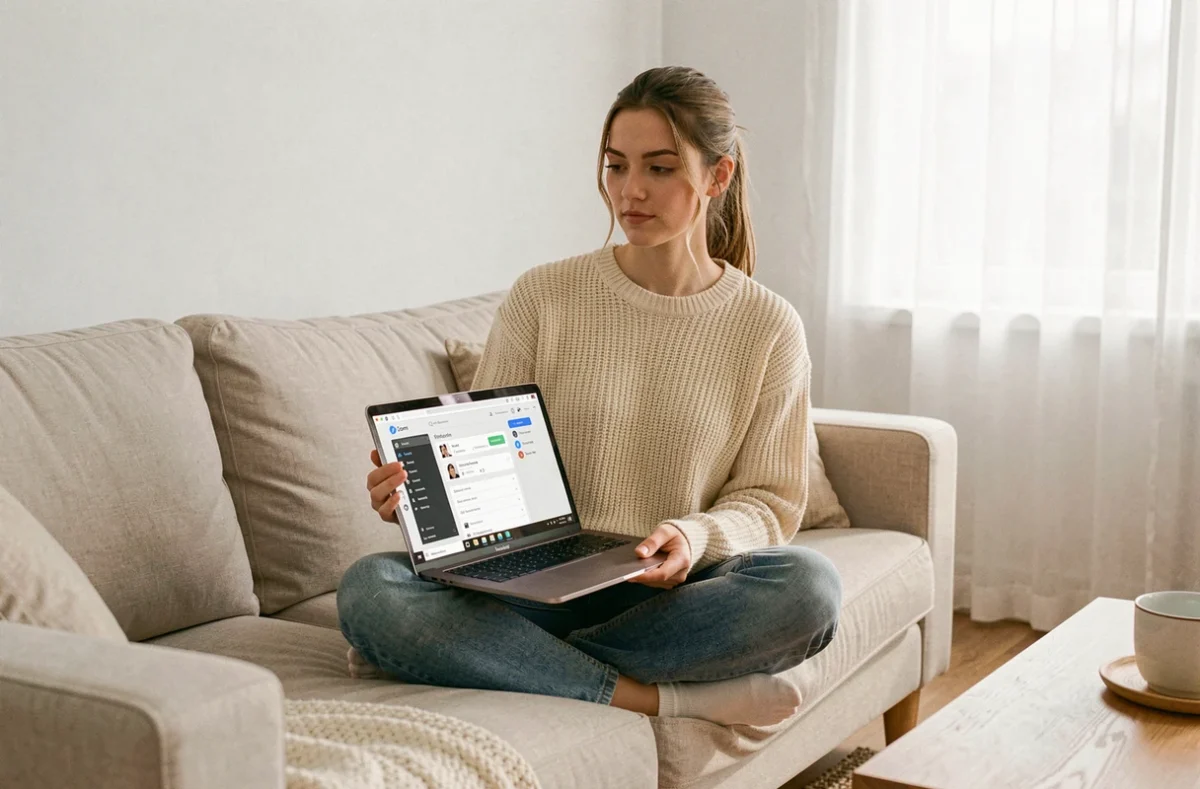 Jeune femme préparant les paramètres de Zoom sur un laptop depuis son canapé dans un salon scandinave