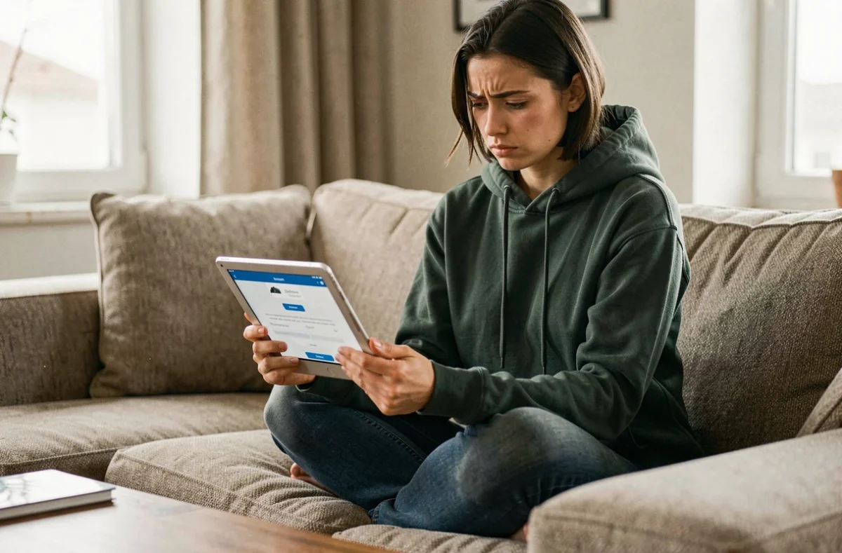 Jeune femme sur un canapé utilisant une tablette pour récupérer l'accès à son compte de messagerie webmail