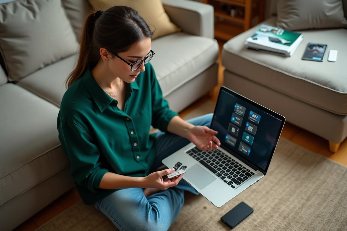 Jeune femme compare stockage numérique sur ordinateur portable