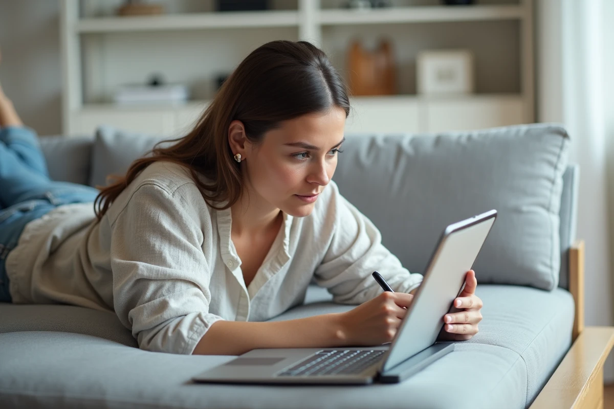 Jeune femme allongée sur un canapé écrivant sur une tablette avec une interface minimaliste et un compteur de mots visible